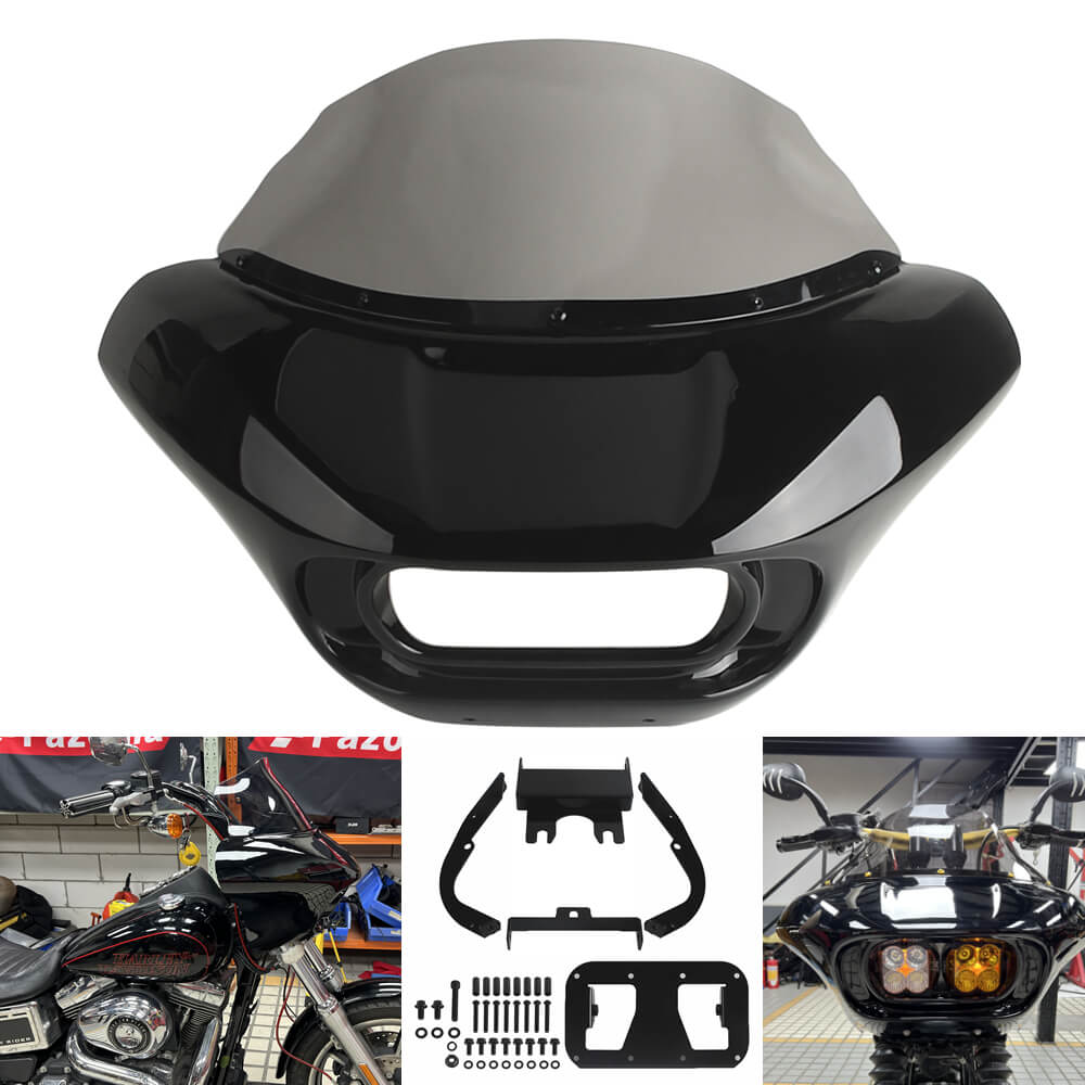 Harley Dyna Low Rider Street Bob Fat Bob FXR Front Headlight Shark Fairing w/Baja Designs Dual LP4 Lighting Bracket Mount - pazoma