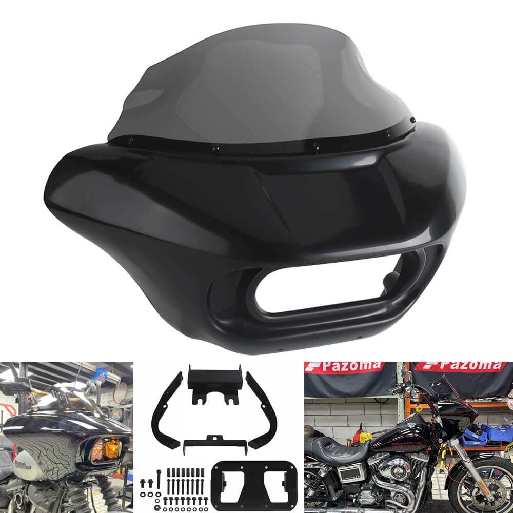 Harley Dyna Low Rider Street Bob Fat Bob FXR Front Headlight Shark Fairing w/Baja Designs Dual LP4 Lighting Bracket Mount - pazoma