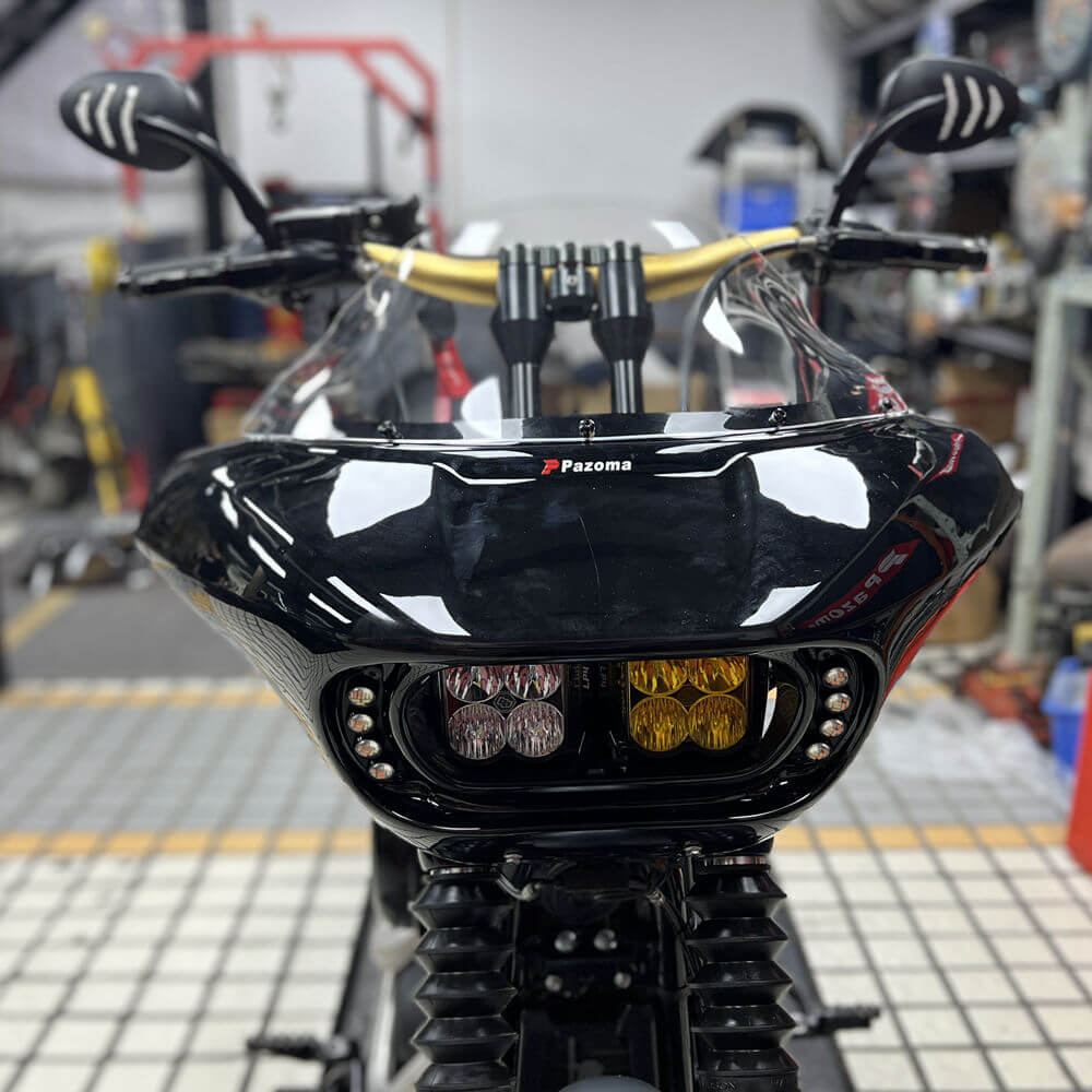 Harley M8 Softail Street Bob Low Rider Standard Front Headlight Shark Fairing w/Baja Designs Dual LP4 Lighting Bracket Mount - pazoma