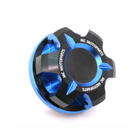 CNC aluminum oil filler cap for Triumph Tiger 1200, Daytona 900, Trident 660 motorcycle by MC Motoparts, with blue finish