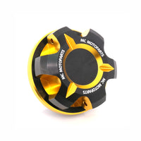 CNC aluminum oil filler cap for Triumph Tiger 1200, Daytona 900, Trident, and 660 Trident by MC Motoparts, showcasing precision machining.