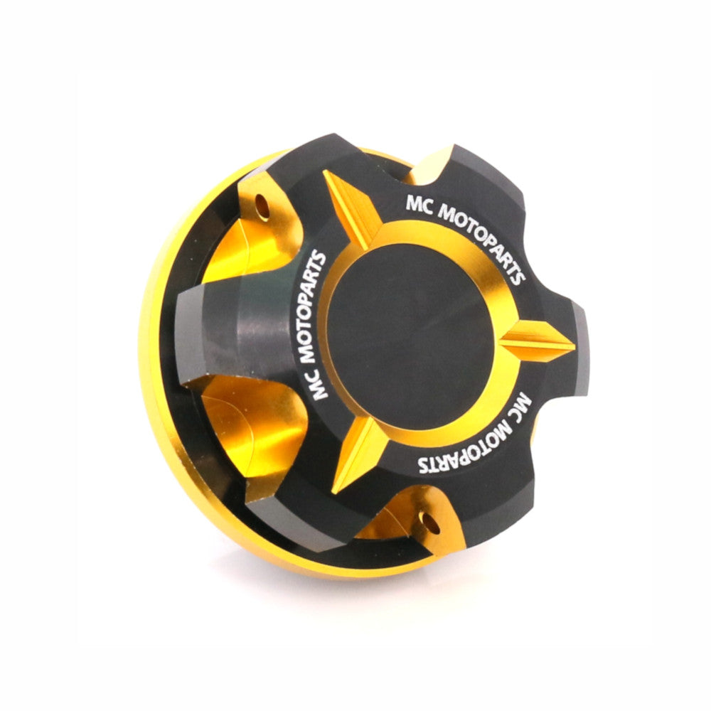CNC aluminum oil filler cap for Triumph Tiger 1200, Daytona 900, Trident, and 660 Trident by MC Motoparts, showcasing precision machining.