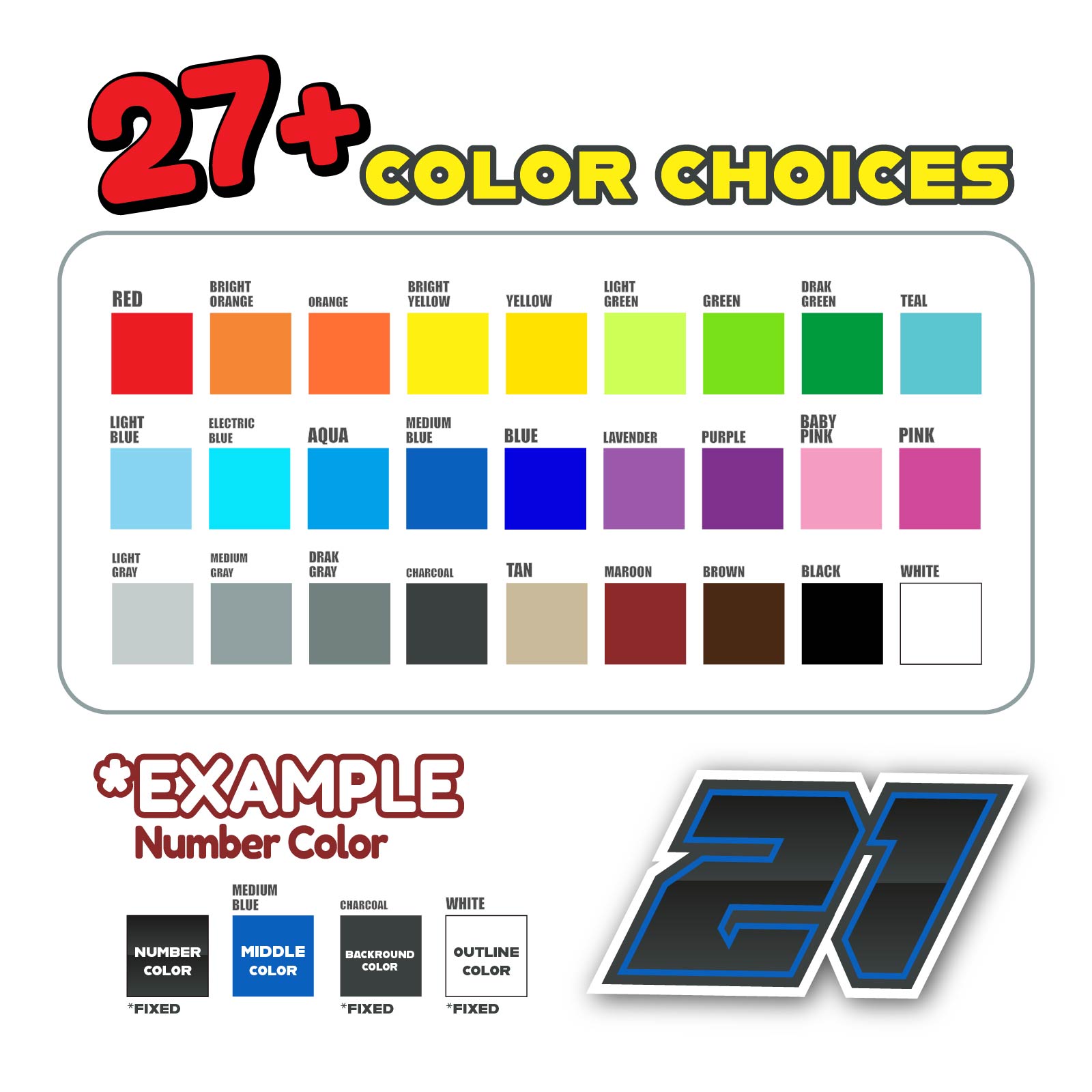 Three custom racing number stickers from MC Motoparts with gradient outline design for dirt bikes and motorcycles.