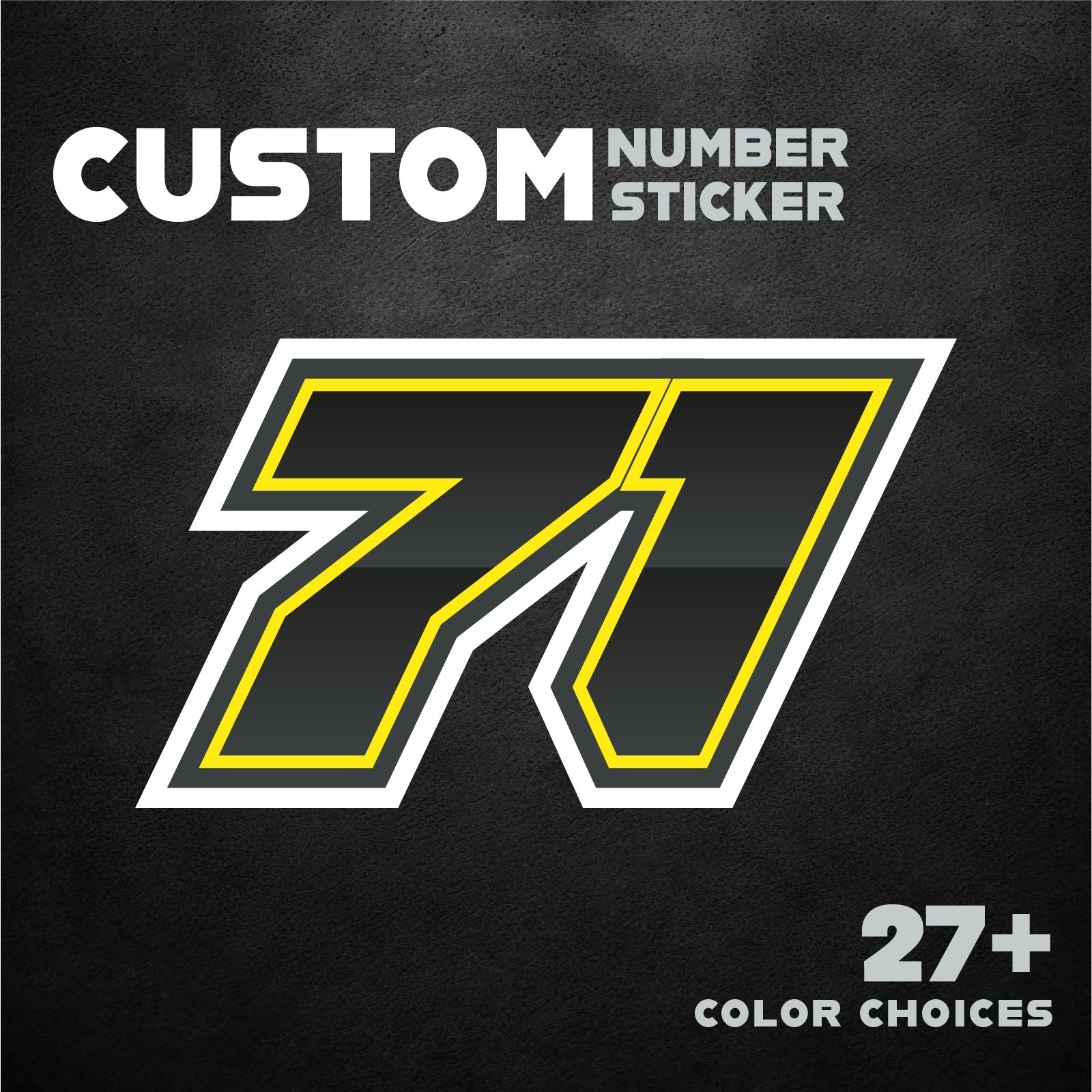Three MC Motoparts custom racing number stickers with gradient outline style, designed for dirt bikes and motorcycles.
