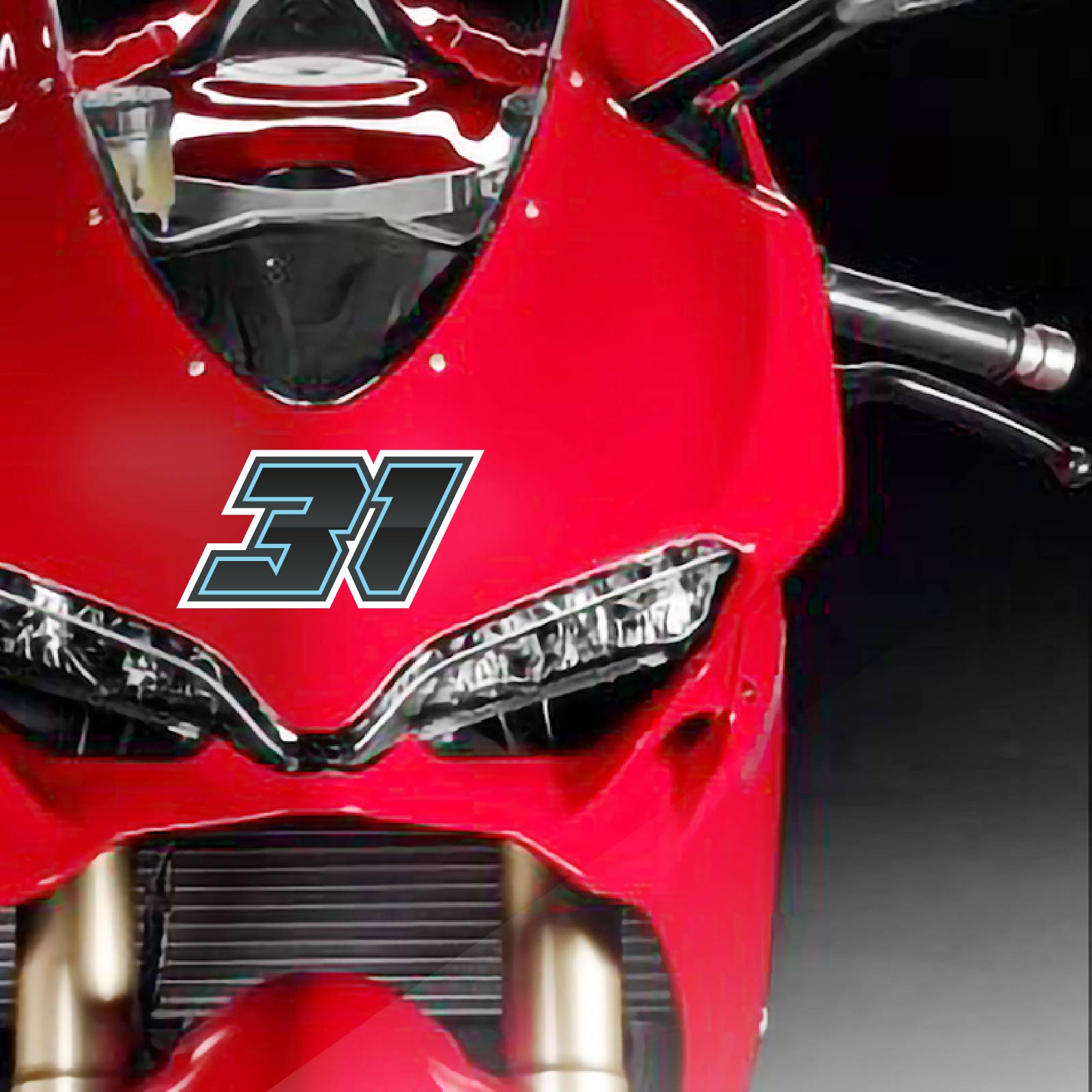 Three custom racing number stickers with gradient outline style for dirt bikes and motorcycles, installed on a vehicle.