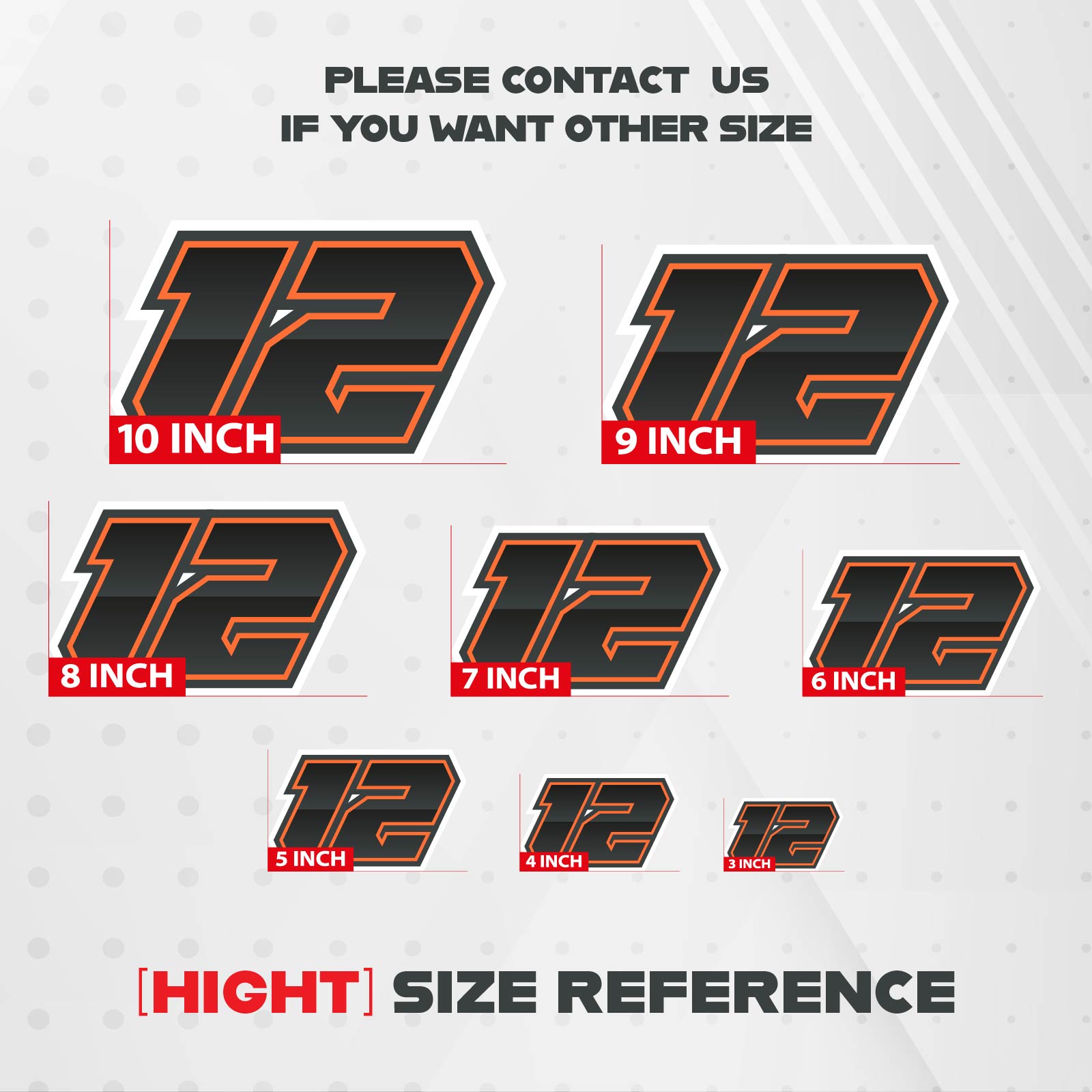 Three custom MC Motoparts racing number stickers with gradient outline style for dirt bikes and motorcycles, shown in size 1.