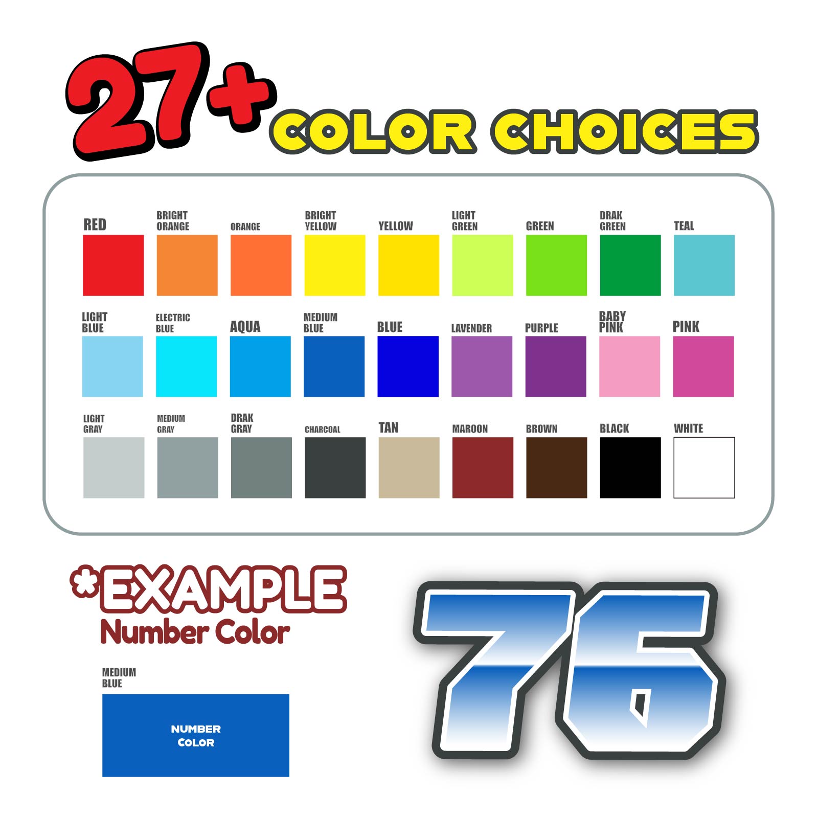 Three custom racing number stickers with gradient style for dirt bikes and motorcycles, featuring personalized decals from MC Motoparts.