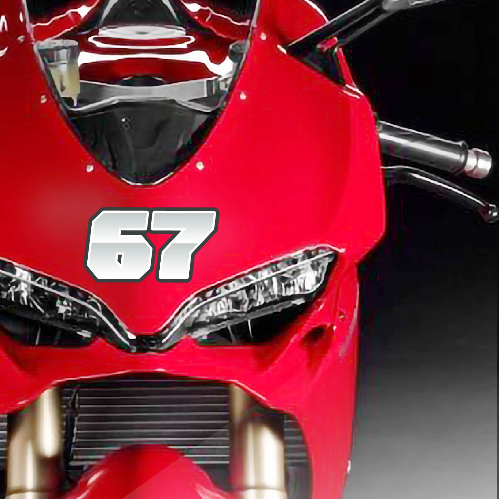 Custom racing number stickers from MC Motoparts, featuring G005 gradient style, shown applied on dirt bike decals in a 3-pack.