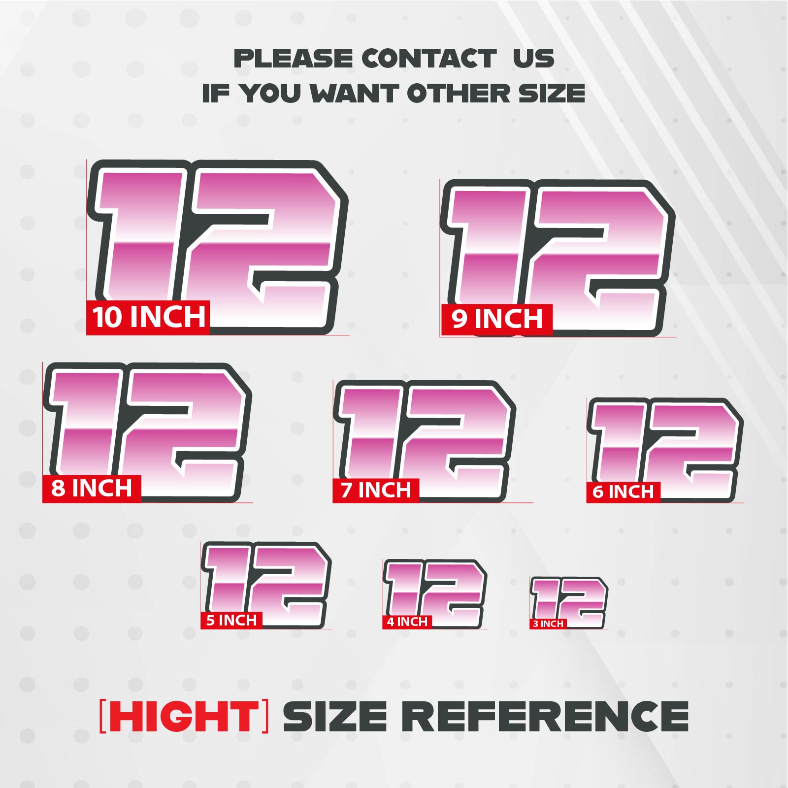 Three custom racing number stickers in G005 gradient style for dirt bikes and motorcycles, featuring personalized decals by MC Motoparts.