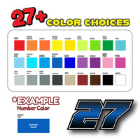 Three custom racing number stickers in G006 gradient style for dirt bikes and motorcycles, personalized decals by MC Motoparts.