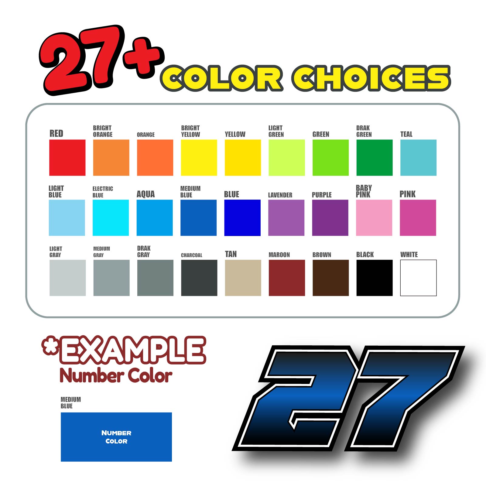 Three custom racing number stickers in G006 gradient style for dirt bikes and motorcycles, personalized decals by MC Motoparts.