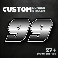 Three custom racing number stickers with G006 gradient style for dirt bikes and motorcycles, featuring personalized decals by MC Motoparts.