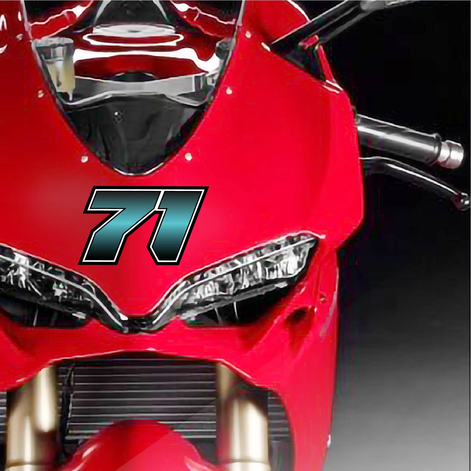 Three custom racing number stickers in gradient style for dirt bikes and motorcycles, featuring bold, colorful decals by MC Motoparts.