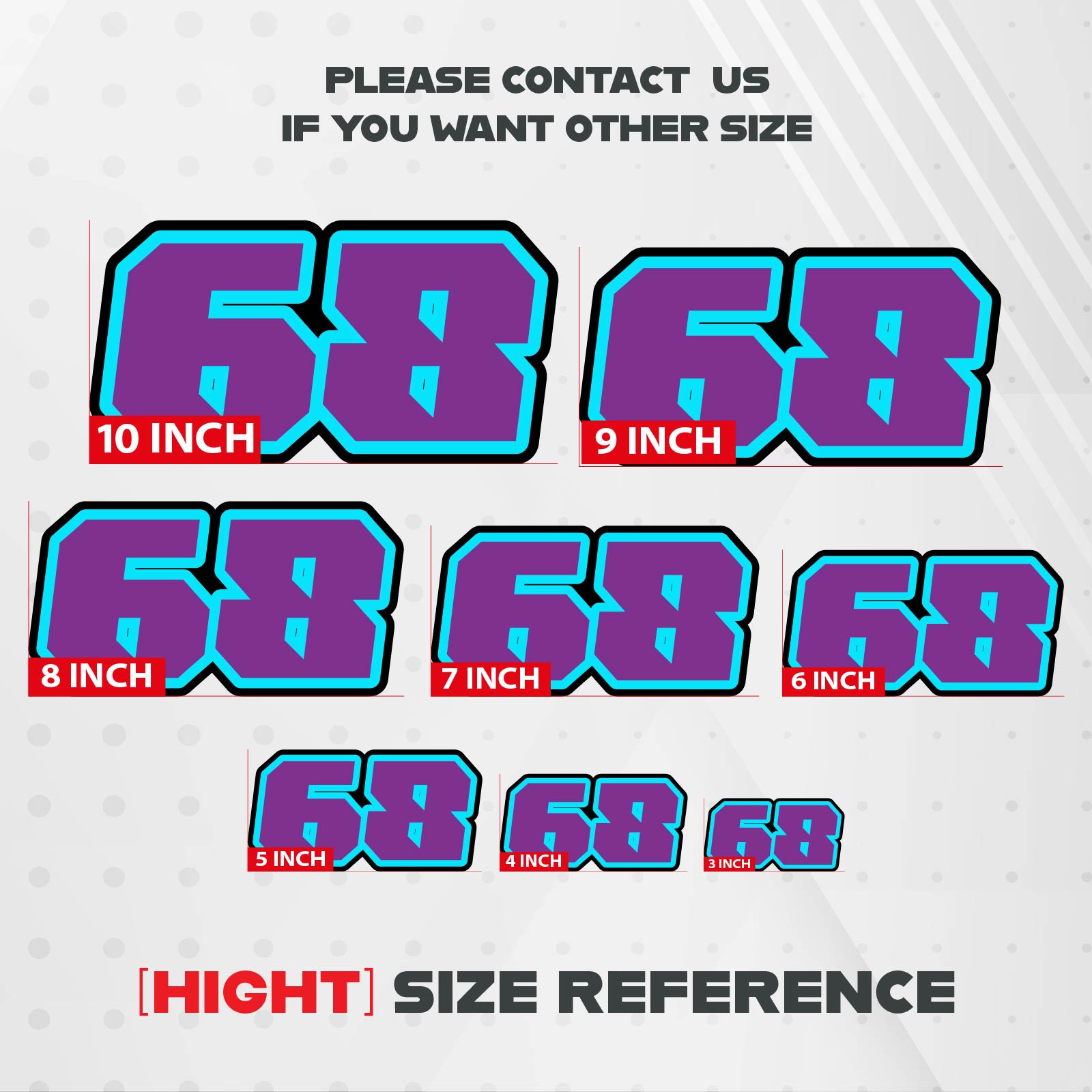 Three custom racing number stickers for dirt bikes and motorcycles, featuring the G007 style by MC Motoparts.