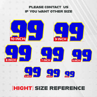 Three custom racing number stickers from MC Motoparts G008 style for dirt bikes and motorcycles, with bold black and white design.