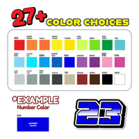 Three custom racing number stickers in G009 gradient style for dirt bikes and motorcycles, featuring personalized decals by MC Motoparts.