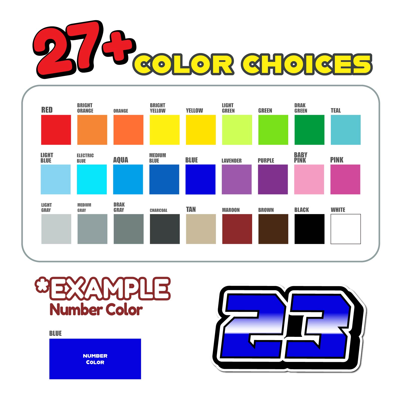 Three custom racing number stickers in G009 gradient style for dirt bikes and motorcycles, featuring personalized decals by MC Motoparts.