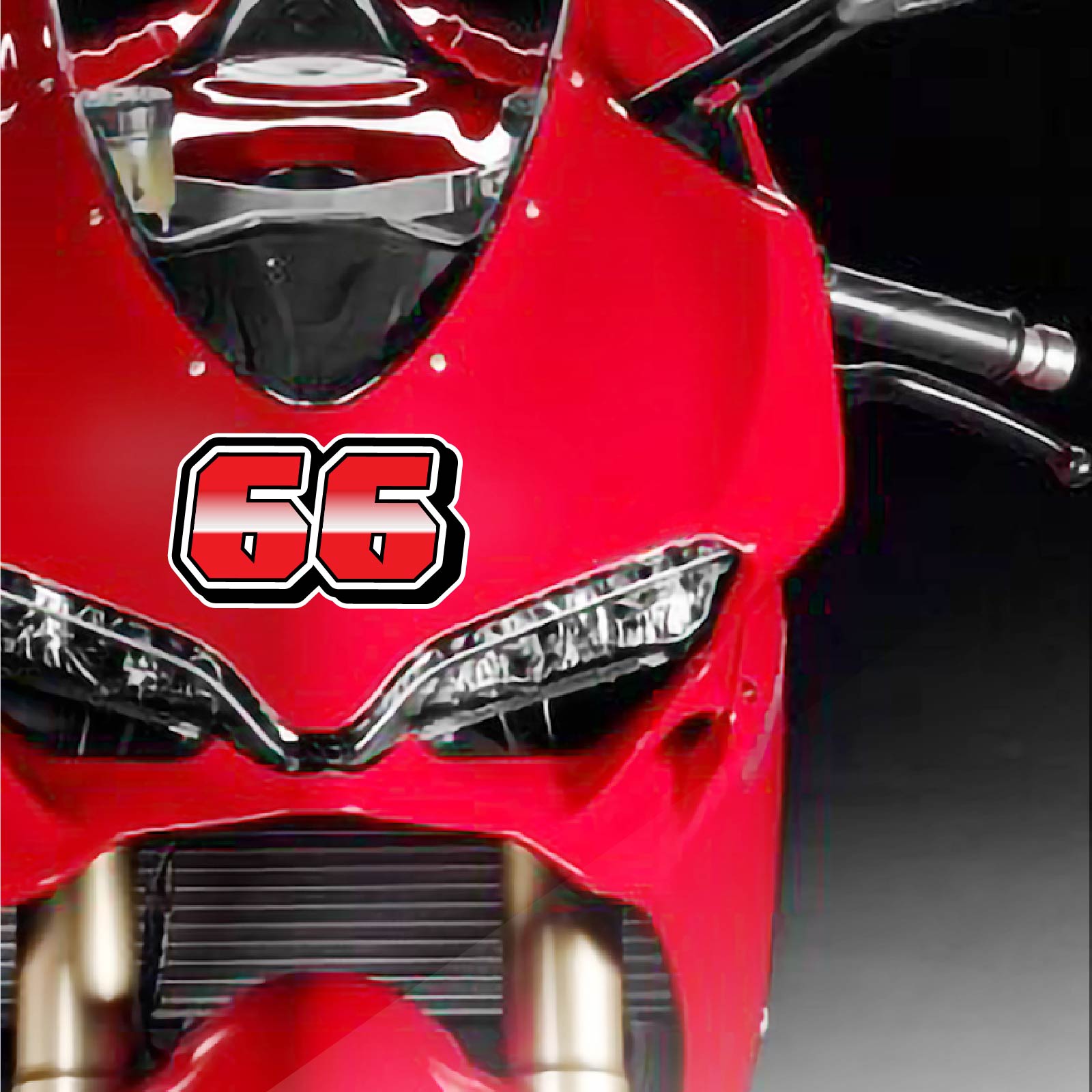 Custom racing number stickers from MC Motoparts, featuring G009 gradient style, shown installed on dirt bike decals in a 3-pack.