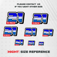 Three custom racing number stickers in G009 gradient style for dirt bikes and motorcycles, featuring personalized decals by MC Motoparts.