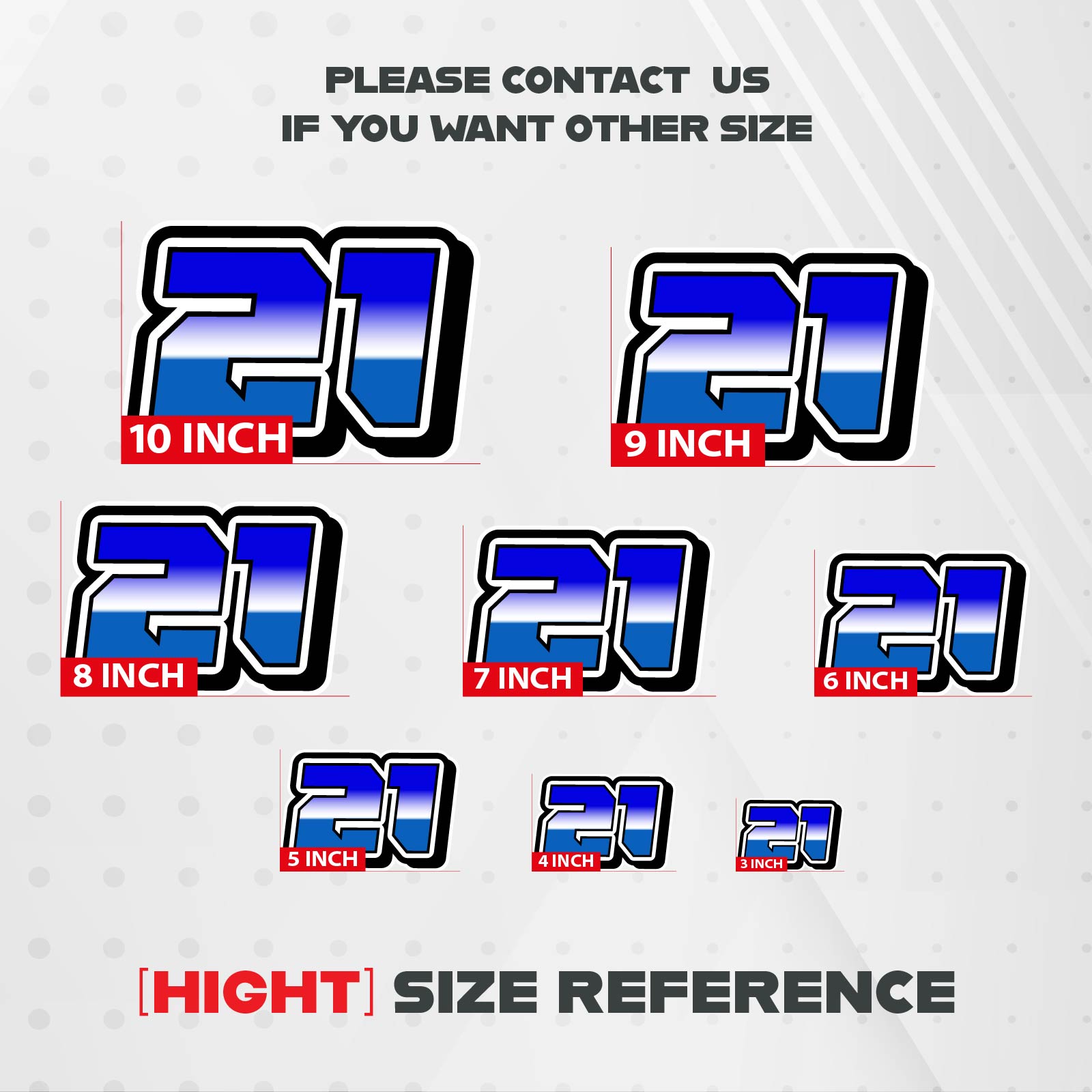 Three custom racing number stickers in G009 gradient style for dirt bikes and motorcycles, featuring personalized decals by MC Motoparts.