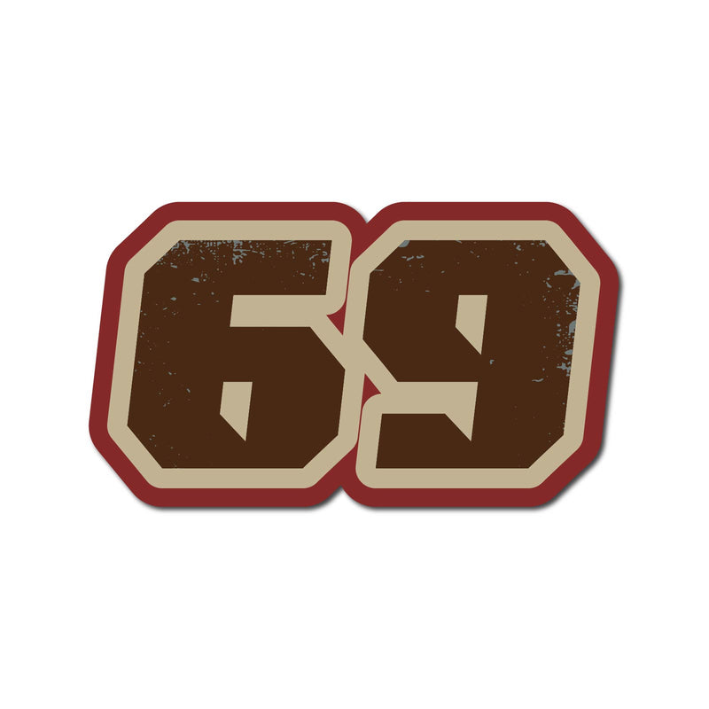 Three custom racing number stickers in vintage American style for dirt bikes and motorcycles, featuring bold black numbers on white backgrounds.