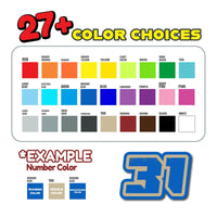 Three vintage American style racing number stickers for dirt bikes and motorcycles, personalized decals from MC Motoparts.