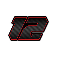 Three custom MC Motoparts racing number stickers in G011 carbon fiber style for dirt bikes and motorcycles, with bold black numbers.