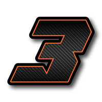 Custom racing number stickers from MC Motoparts, G011 carbon fiber style, 3-pack decals for dirt bikes and motorcycles.