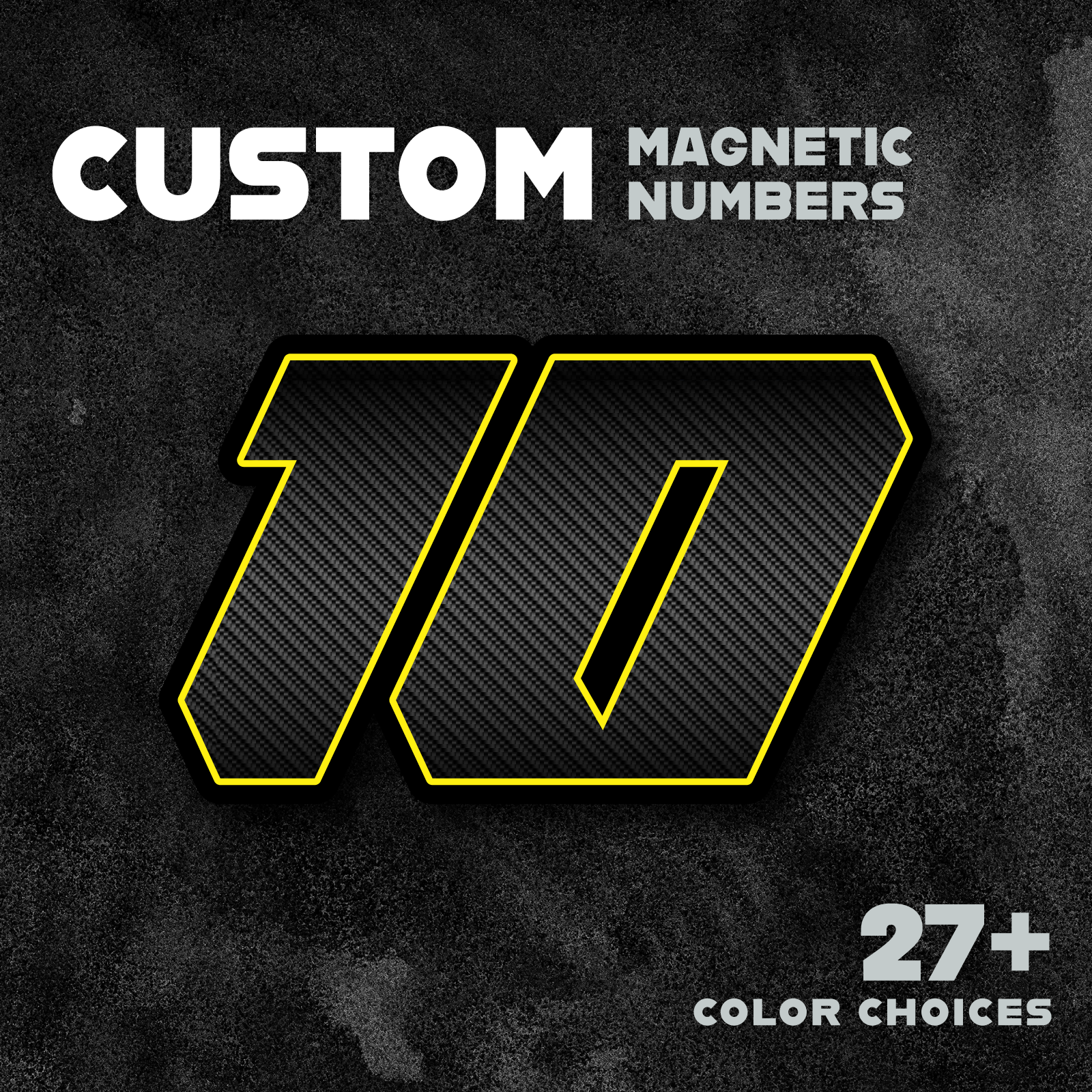 Three custom racing number stickers with G011 carbon fiber style, designed for dirt bikes and motorcycles by MC Motoparts.