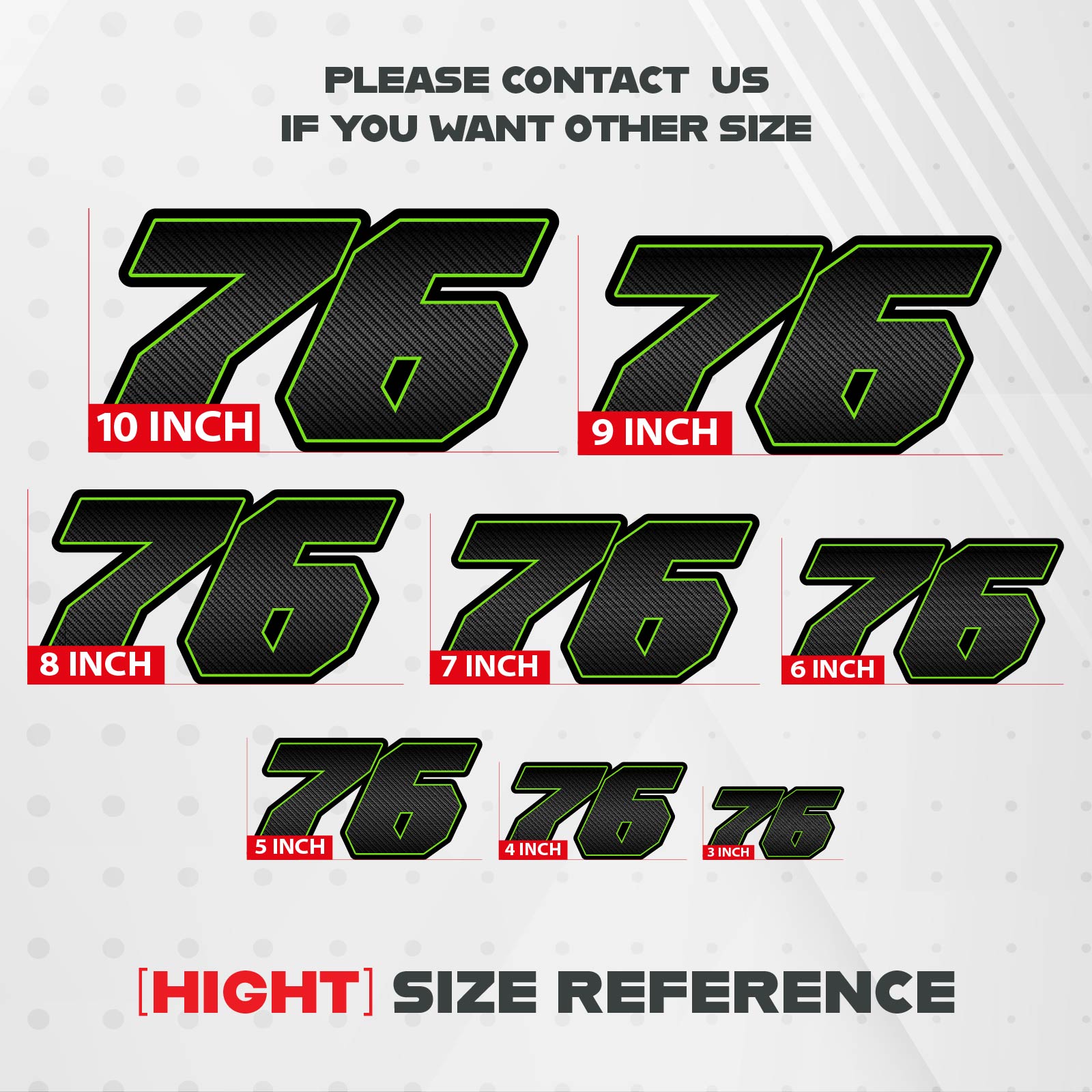 Three custom racing number stickers in carbon fiber style for dirt bikes and motorcycles, featuring bold black numbers on a clear background.