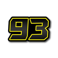 Three black carbon fiber racing number and name decals for dirt bikes and motorcycles, featuring bold white lettering and professional vinyl finish.