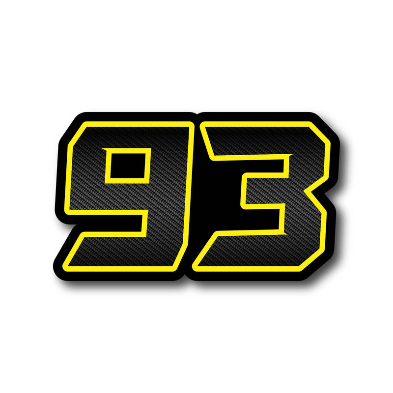 Three black carbon fiber racing number and name decals for dirt bikes and motorcycles, featuring bold white lettering and professional vinyl finish.