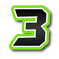 Set of three MC Motoparts G012 carbon fiber racing number and name decals on a dirt bike, made with professional-grade vinyl.