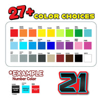 Set of three MC Motoparts G012 carbon fiber racing number and name decals on a dirt bike, featuring professional-grade vinyl stickers.