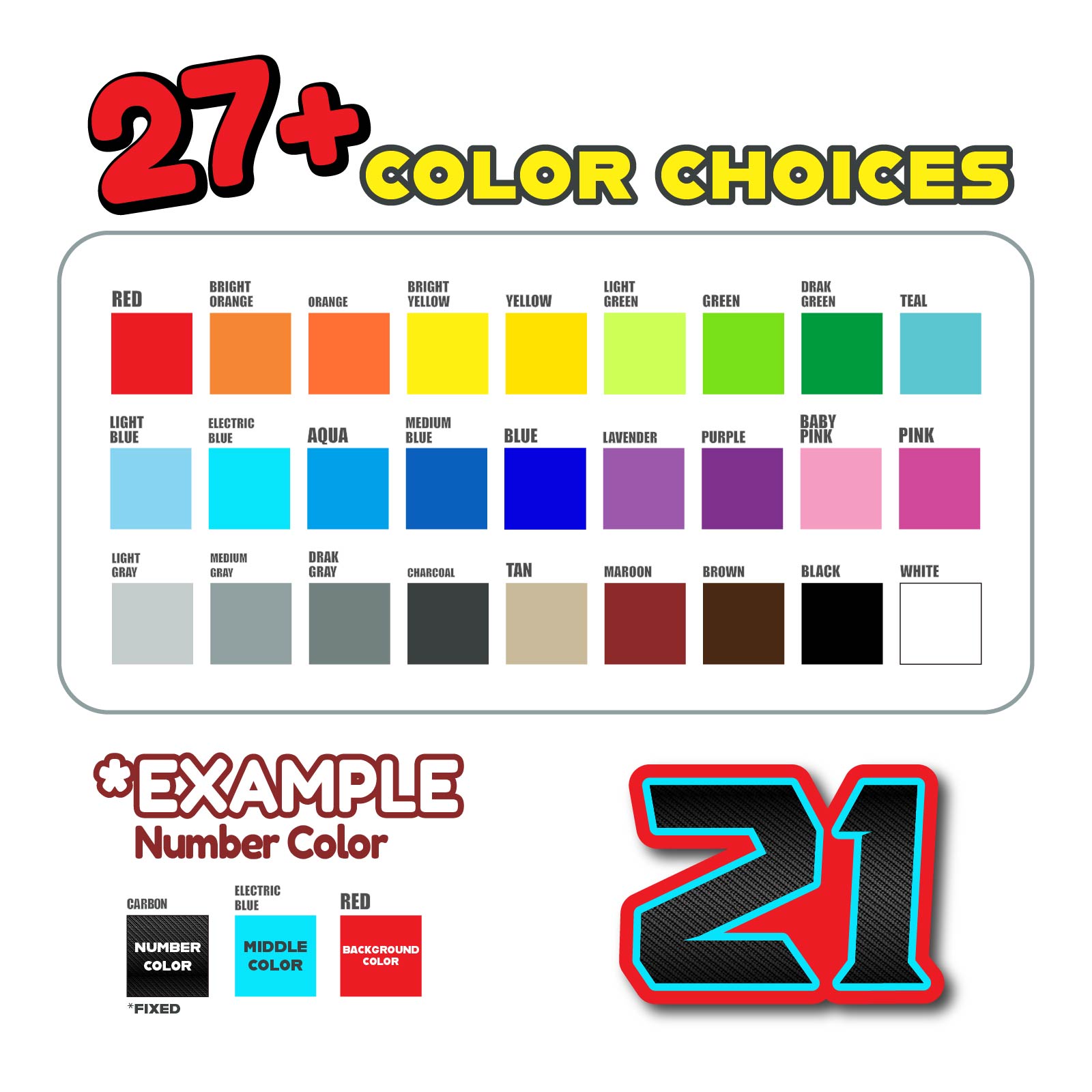 Set of three MC Motoparts G012 carbon fiber racing number and name decals on a dirt bike, featuring professional-grade vinyl stickers.