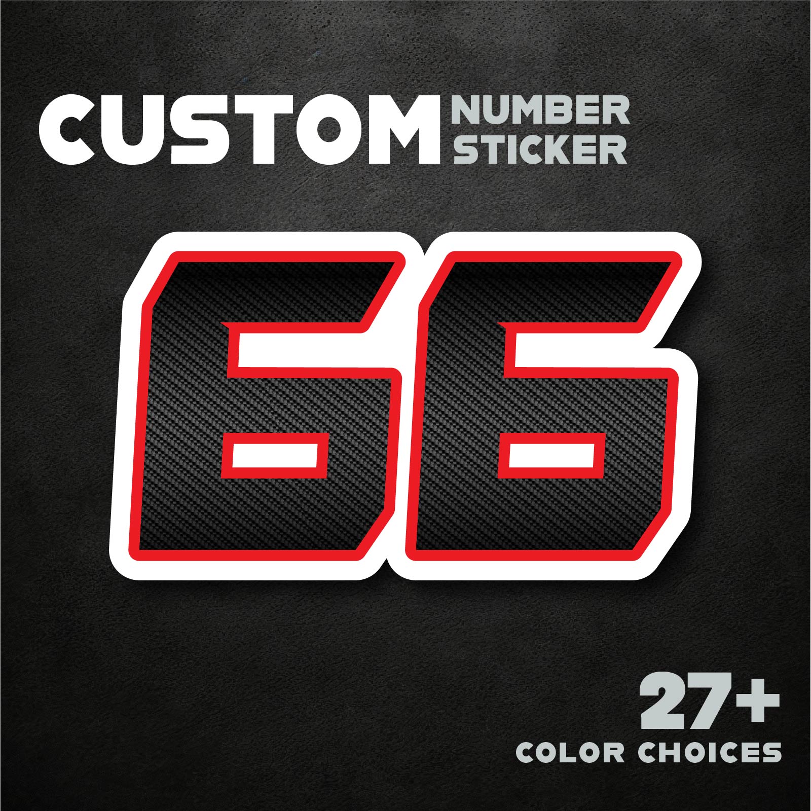 Custom MC Motoparts G012 carbon fiber racing number and name decals on professional vinyl for dirt bikes and motorcycles.