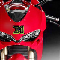 MC Motoparts Custom Pro-Series G012 carbon fiber racing number and name decals on dirt bike with professional vinyl finish, 3-pack bundle.