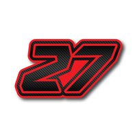 Set of three MC Motoparts custom G013 carbon fiber racing number and name decals on professional vinyl for dirt bike and motorcycle.