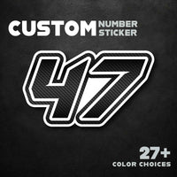 Set of three MC Motoparts racing number stickers with black and white carbon fiber design for dirt bikes and motorcycles.