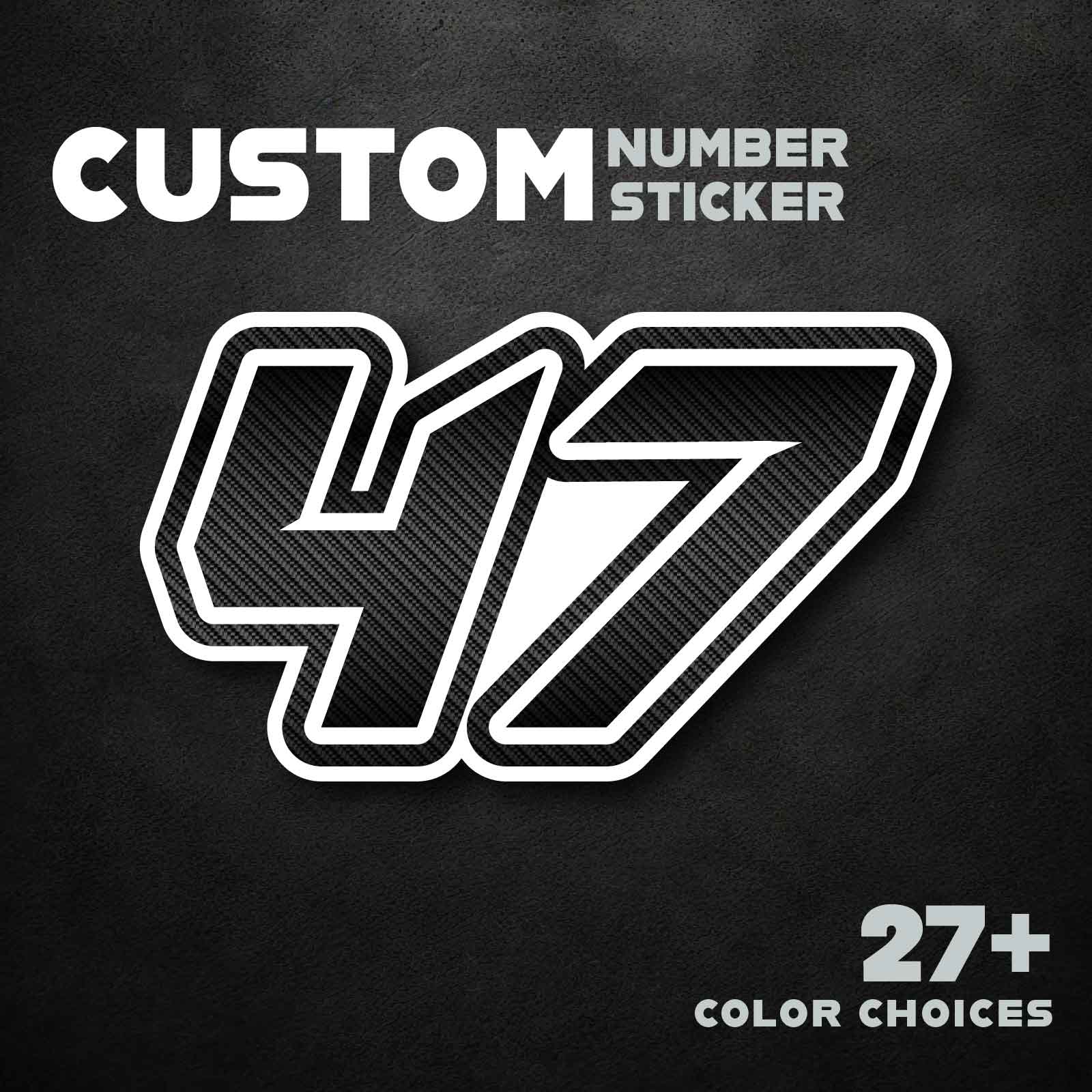 Set of three MC Motoparts racing number stickers with black and white carbon fiber design for dirt bikes and motorcycles.