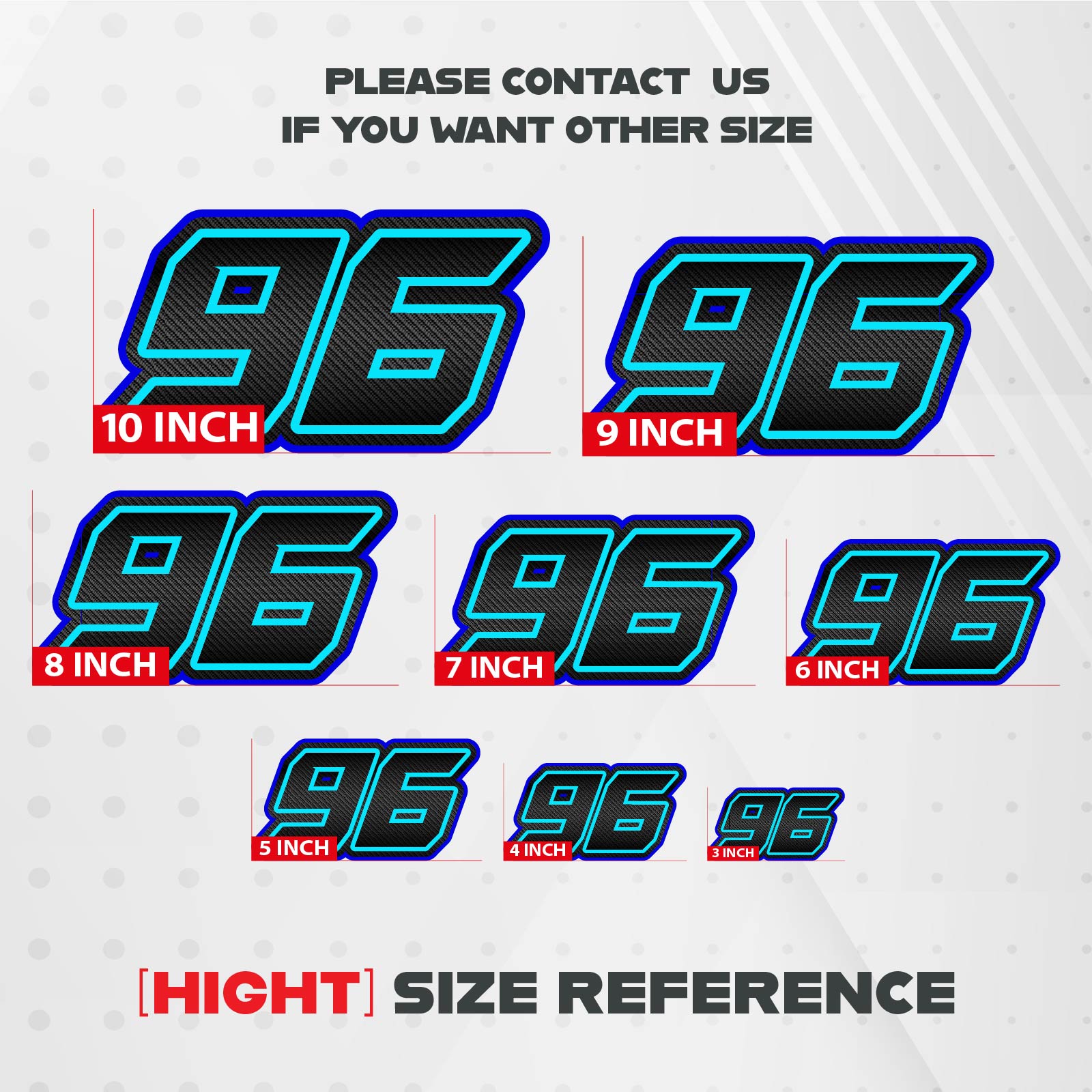 Custom MC Motoparts G013 carbon fiber racing number and name decals on professional vinyl for dirt bikes and motorcycles.