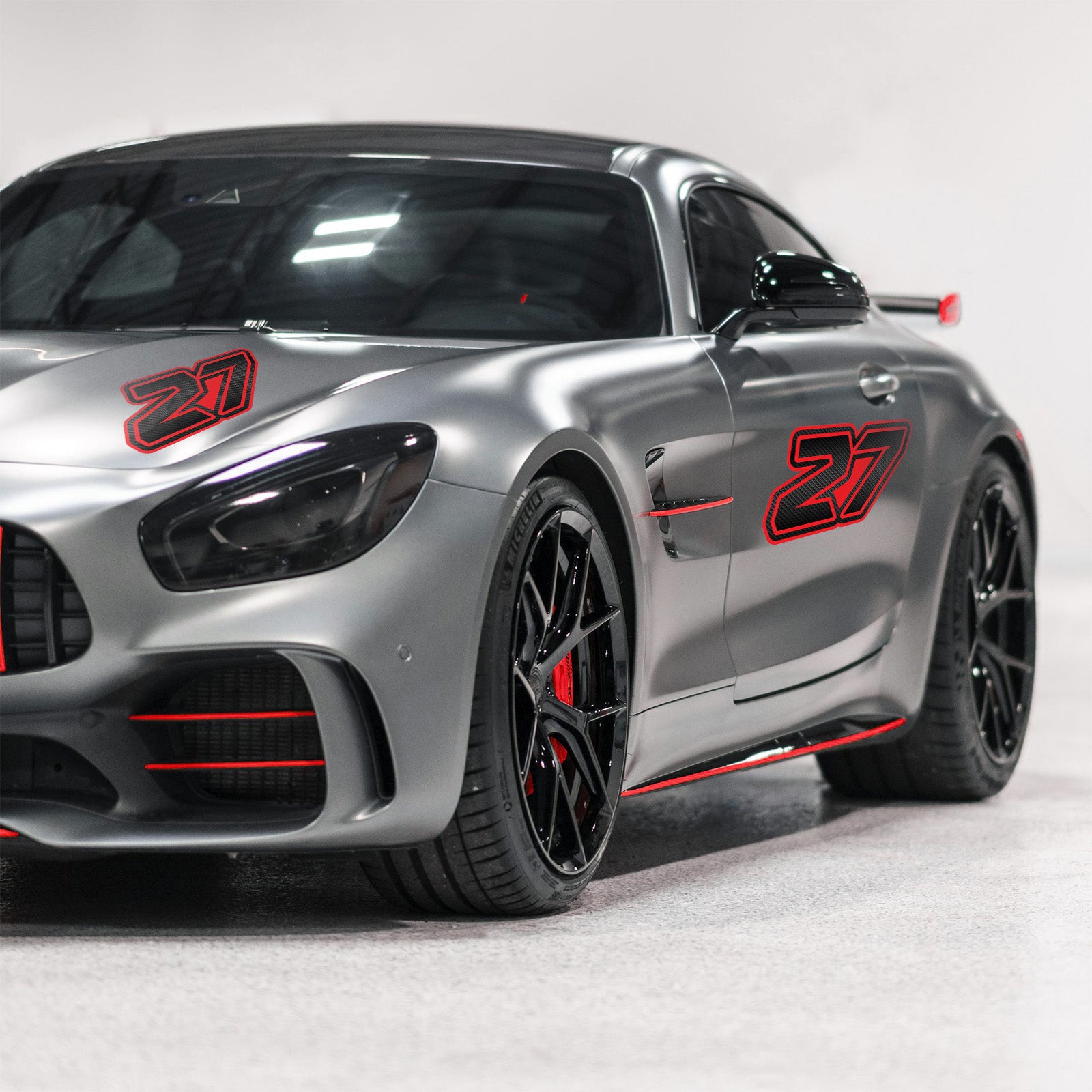 Custom MC Motoparts G013 carbon fiber racing number and name decals on a motorcycle mockup, professional-grade vinyl, 3-pack bundle