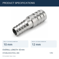 MC Motoparts 10mm to 12mm stainless steel hose barb reducer adapter, 50mm straight joiner coupler
