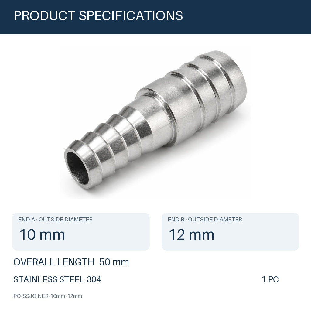 MC Motoparts 10mm to 12mm stainless steel hose barb reducer adapter, 50mm straight joiner coupler