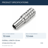 MC Motoparts 304 stainless steel 10mm to 13mm hose barb reducer joiner coupler, 50mm straight fitting