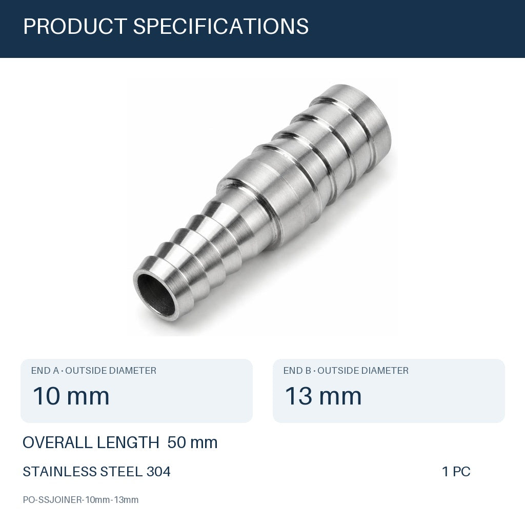 MC Motoparts 304 stainless steel 10mm to 13mm hose barb reducer joiner coupler, 50mm straight fitting