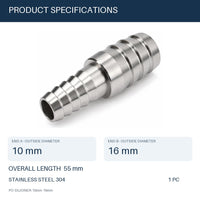 MC Motoparts 10mm to 16mm 304 stainless steel hose barb reducer joiner coupler, 50mm straight fitting
