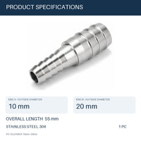 MC Motoparts 10mm to 20mm 304 stainless steel hose barb reducer adapter, 50mm straight fitting specifications