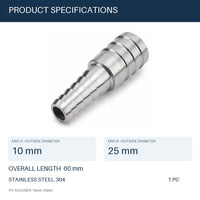 MC Motoparts 10mm to 25mm 304 stainless steel hose barb reducer joiner coupler, 50mm straight fitting specs