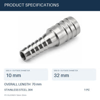 MC Motoparts 304 stainless steel 10mm to 32mm hose barb reducer joiner coupler, 50mm straight fitting